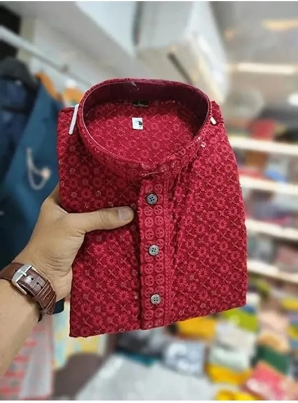 FOXDX_Men_Chikan_Embroidery_Pure_Rayon_Straight_Only_Kurta