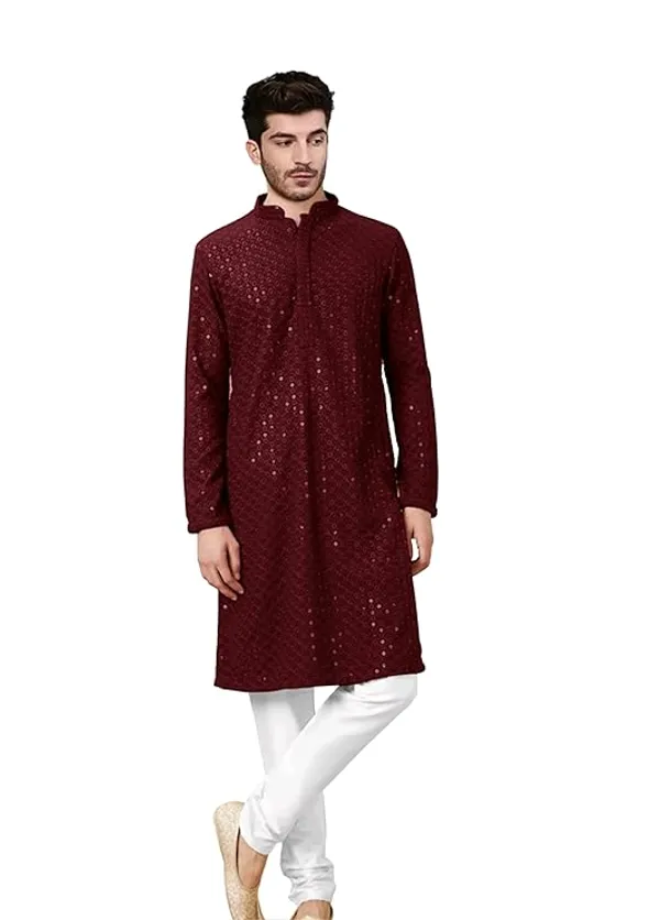 FOXDX_Men_Chikan_Embroidery_Pure_Rayon_Straight_Only_Kurta