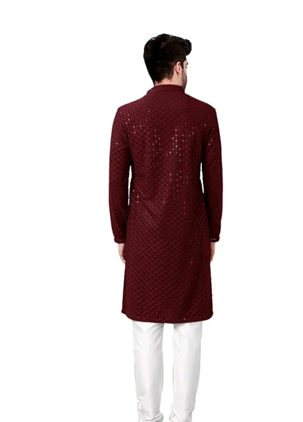 FOXDX_Men_Chikan_Embroidery_Pure_Rayon_Straight_Only_Kurta