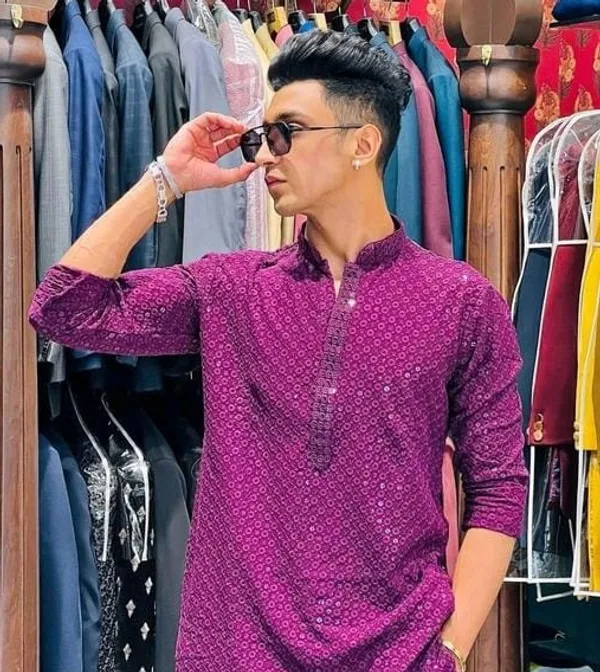 FOXDX_Men_Chikan_Embroidery_Pure_Rayon_Straight_Only_Kurta