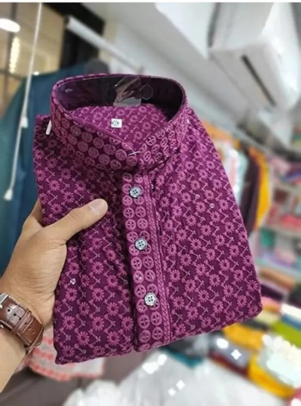 FOXDX_Men_Chikan_Embroidery_Pure_Rayon_Straight_Only_Kurta