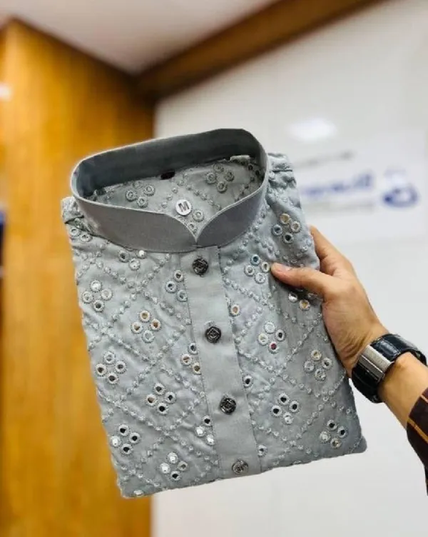 FOXDX_Grey_Men_Embellished_Straight_Kurta