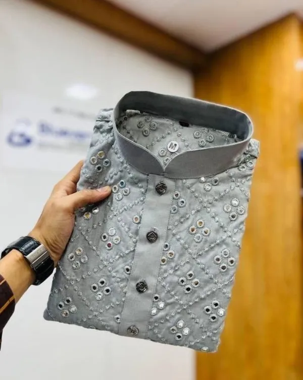 FOXDX_Grey_Men_Embellished_Straight_Kurta