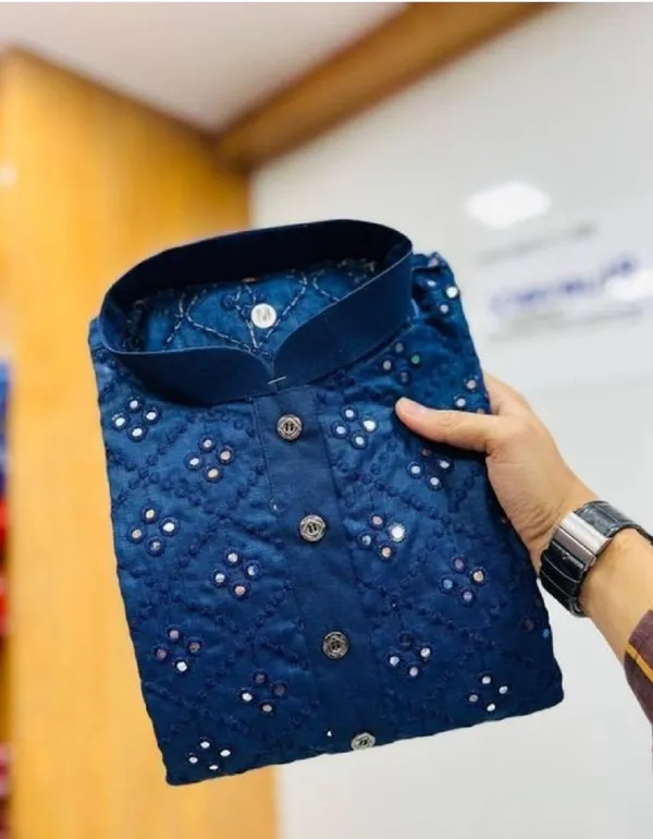 FOXDX_Dark_Blue_Men_Embellished_Straight_Kurta