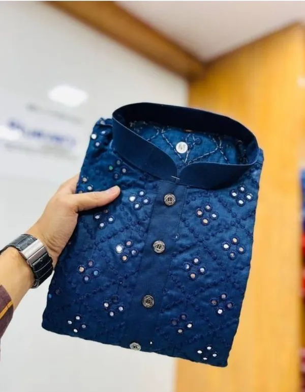 FOXDX_Dark_Blue_Men_Embellished_Straight_Kurta