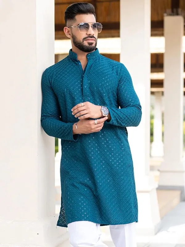 FOXDX_Men_Chikan_Embroidery_Pure_Rayon_Straight_Only_Kurta