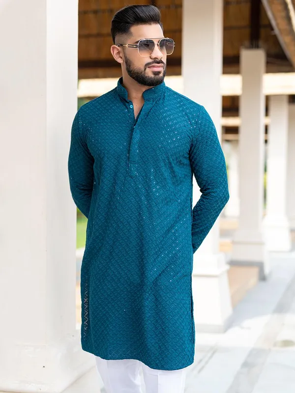 FOXDX_Men_Chikan_Embroidery_Pure_Rayon_Straight_Only_Kurta