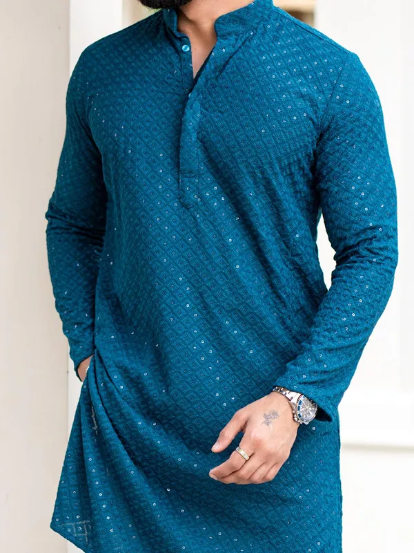 FOXDX_Men_Chikan_Embroidery_Pure_Rayon_Straight_Only_Kurta