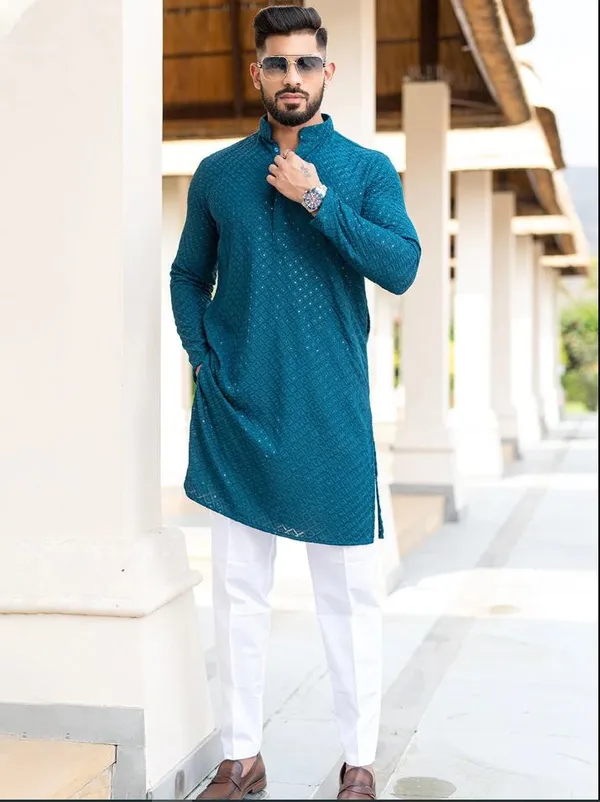 FOXDX_Men_Chikan_Embroidery_Pure_Rayon_Straight_Only_Kurta