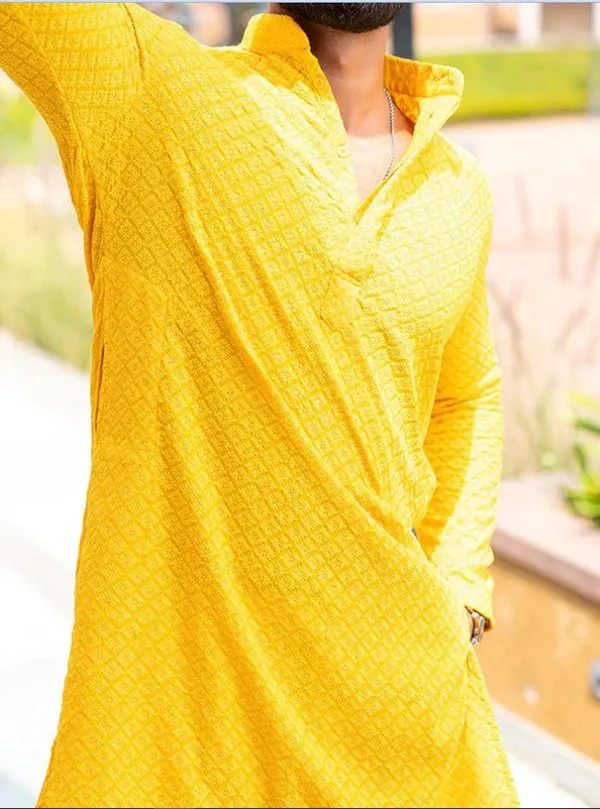FOXDX_Men_Chikan_Embroidery_Pure_Rayon_Straight_Only_Kurta