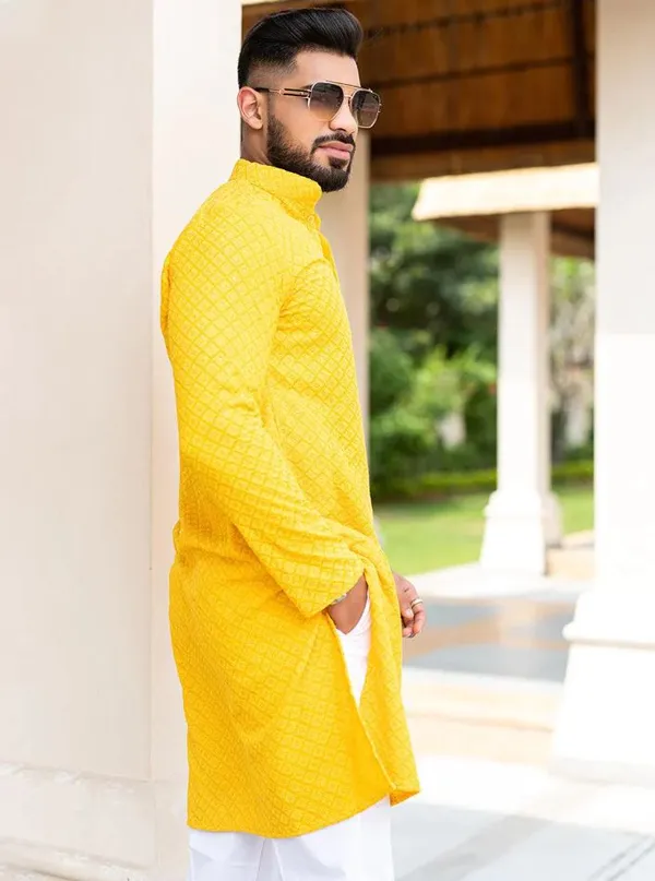 FOXDX_Men_Chikan_Embroidery_Pure_Rayon_Straight_Only_Kurta