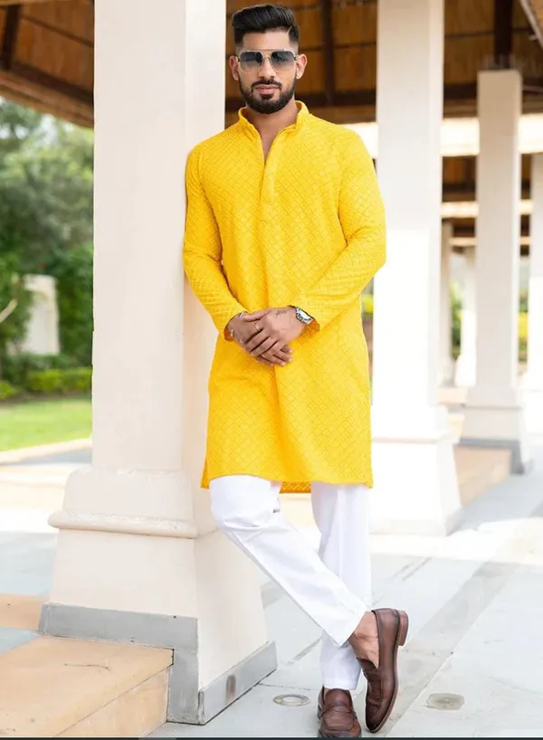 FOXDX_Men_Chikan_Embroidery_Pure_Rayon_Straight_Only_Kurta