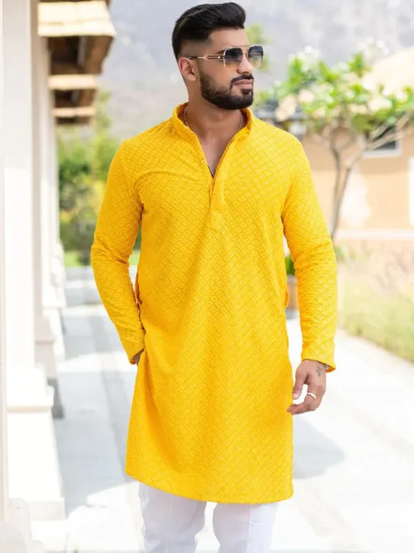 FOXDX_Men_Chikan_Embroidery_Pure_Rayon_Straight_Only_Kurta