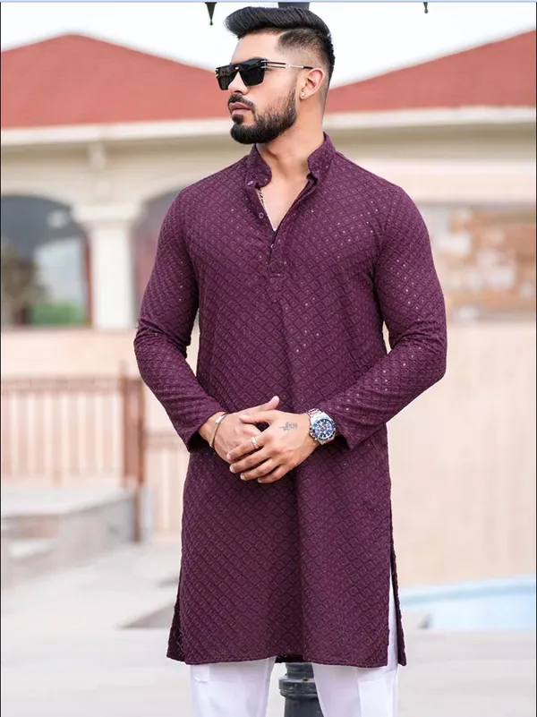 FOXDX_Men_Chikan_Embroidery_Pure_Rayon_Straight_Only_Kurta