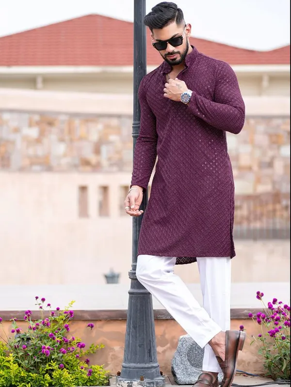 FOXDX_Men_Chikan_Embroidery_Pure_Rayon_Straight_Only_Kurta