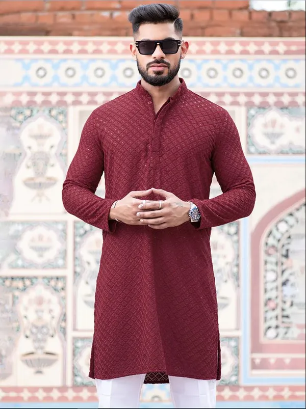 FOXDX_Men_Chikan_Embroidery_Pure_Rayon_Straight_Only_Kurta