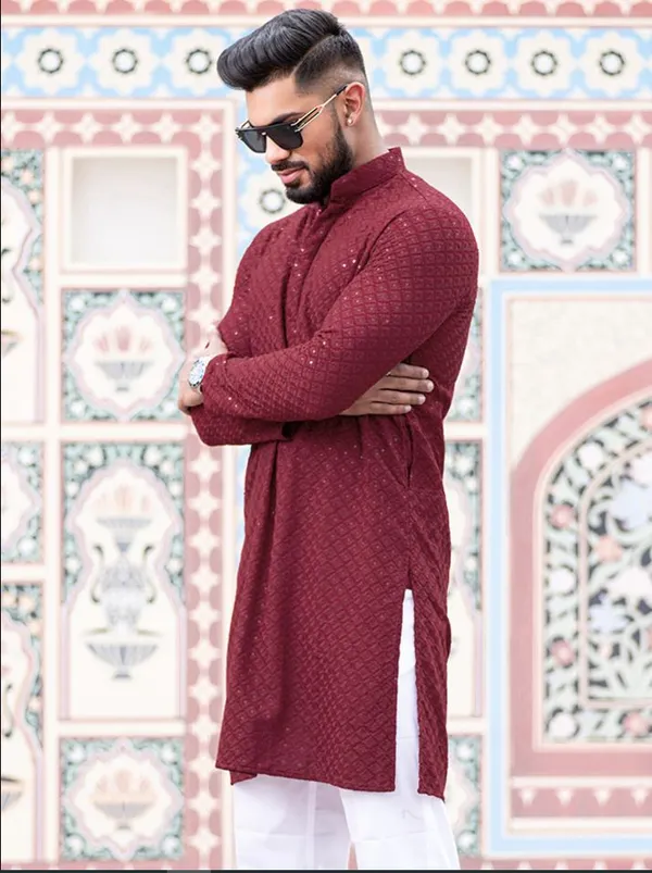 FOXDX_Men_Chikan_Embroidery_Pure_Rayon_Straight_Only_Kurta