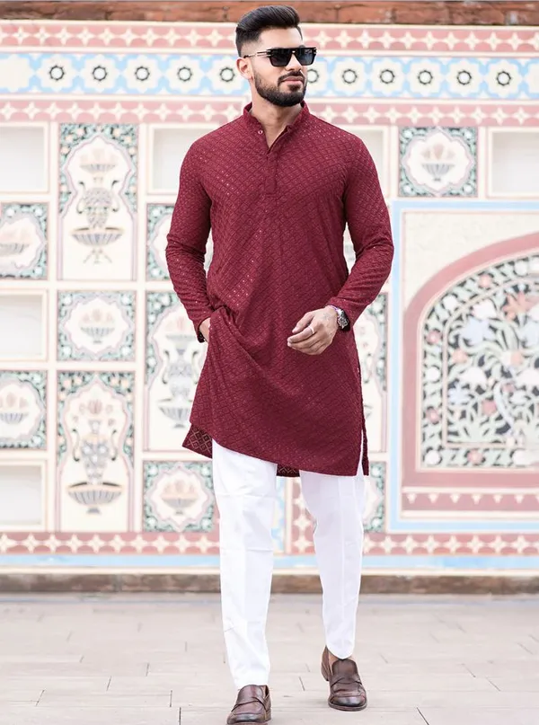 FOXDX_Men_Chikan_Embroidery_Pure_Rayon_Straight_Only_Kurta