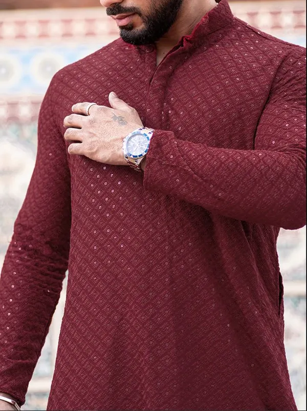 FOXDX_Men_Chikan_Embroidery_Pure_Rayon_Straight_Only_Kurta