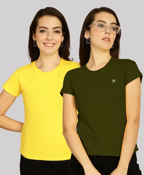 Pack_of_2_Yellow_&_Olive_Green_Cotton_Round_Neck_T-Shirt_For_Women
