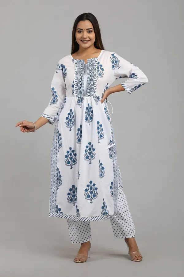 White_&__&_Blue_Pure_Cotton_Printed_Kurta_Set_For_Women
