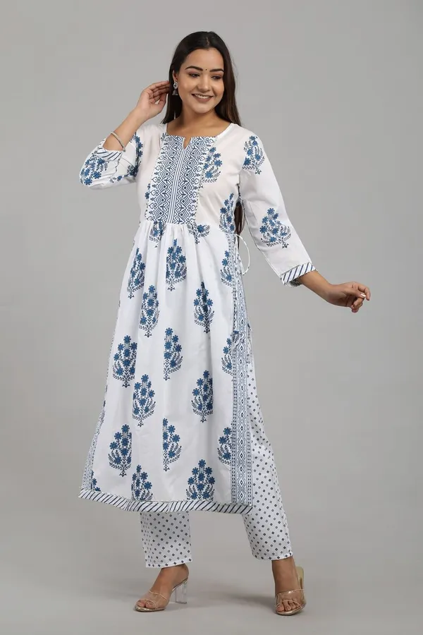 White_&__&_Blue_Pure_Cotton_Printed_Kurta_Set_For_Women