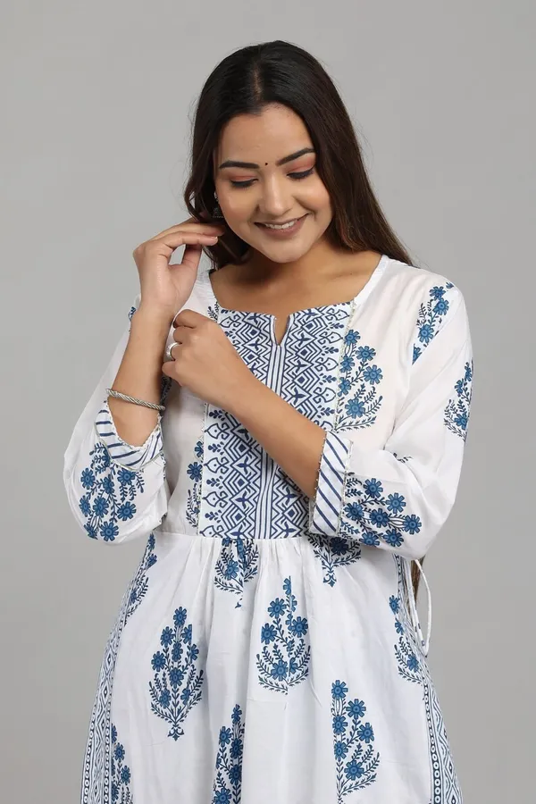 White_&__&_Blue_Pure_Cotton_Printed_Kurta_Set_For_Women