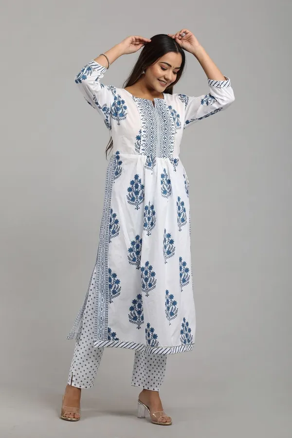 White_&__&_Blue_Pure_Cotton_Printed_Kurta_Set_For_Women
