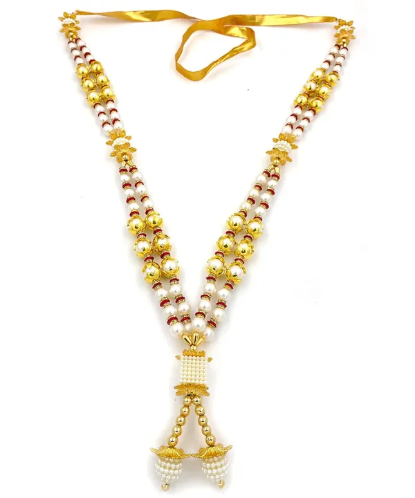 _Premium_Range_Of_Pooja_Accessories__(Size:_22_Inch)_Artificial_Double_Layer_Golden_White_Heavy_Pearl_Moti_Beads_Mala_Garland_For_Photo_Frames,_God_Idols_And_Loved_Ones