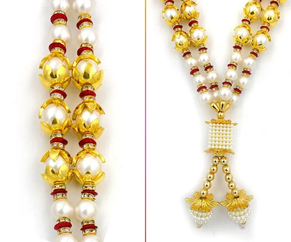 _Premium_Range_Of_Pooja_Accessories__(Size:_22_Inch)_Artificial_Double_Layer_Golden_White_Heavy_Pearl_Moti_Beads_Mala_Garland_For_Photo_Frames,_God_Idols_And_Loved_Ones