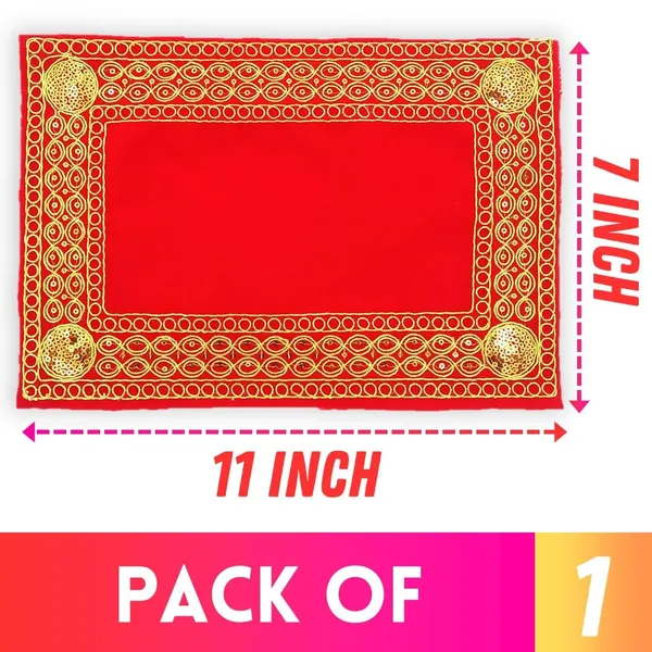 _Small_Designer_EmbroideRed_&_Velvet_Cloth/Mat_for_Pooja_Aasan_-_Red,_7"_X_11"_Inch