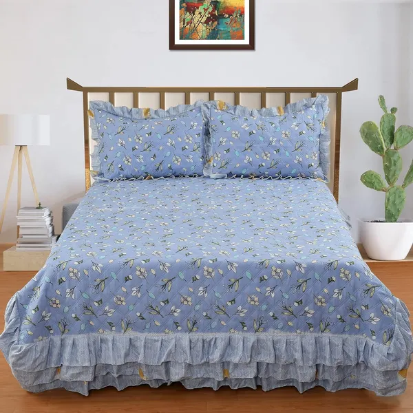 _Cotton_3Piece_Quilted_King_Size_Bedcover/Bedsheet_Set_with_3_Layer_Frill_2_Pillow_Covers_Soft_weight_(72"x_84"_Inches_Plus_3_Layers_of_16_Inches_Frill)_Royal_