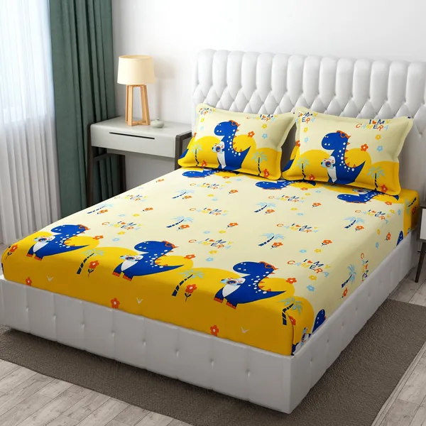 Kids_Cartoon_Dinasaur_Selfie_Print_bedsheet_1_Double_Bedsheet_with_2_Pillow_Covers_Size_90_inch_x_100_inch