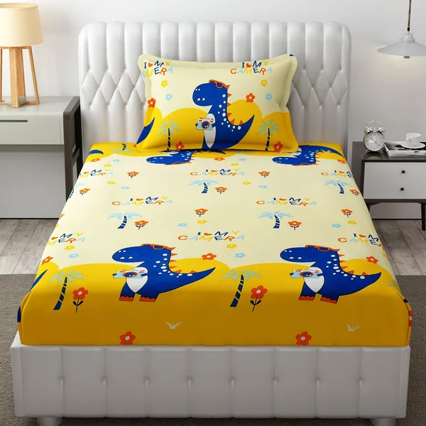 Kids_Cartoon_Dinasaur_Selfie_Print_bedsheet_1_Single_Bedsheet_with_1_Pillow_Cover_Size_60_inch_x_90_inch