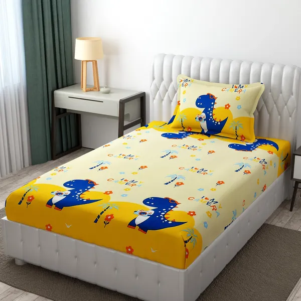 Kids_Cartoon_Dinasaur_Selfie_Print_bedsheet_1_Single_Bedsheet_with_1_Pillow_Cover_Size_60_inch_x_90_inch