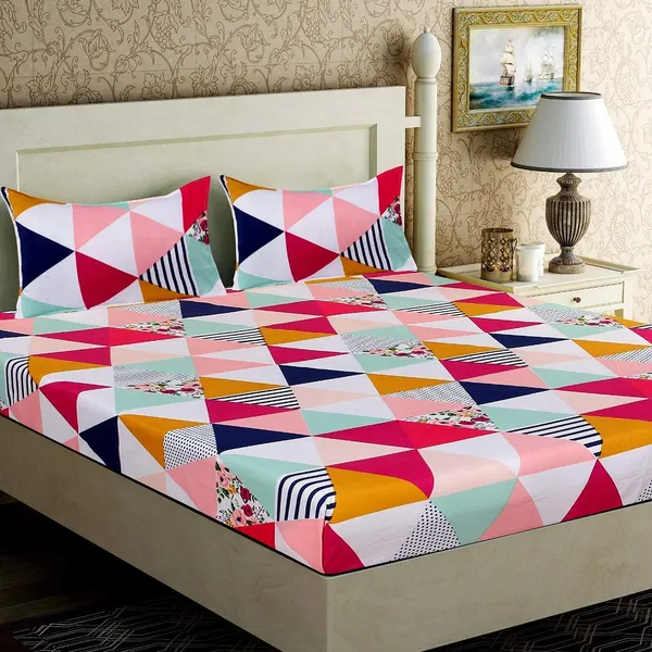 Fitted_Bedsheet_Elastic_Fitted_Bedsheets_with_Cotton_Feel_PREMIUM_GLACE_COTTON_Queen_Bedsheet_for_Double_Bed_Elastic_Fitted_1_Double_Bedsheet_with_2_Pillow_Covers_(_TRANGLE_)_Size_72_x_60_x_8_inch