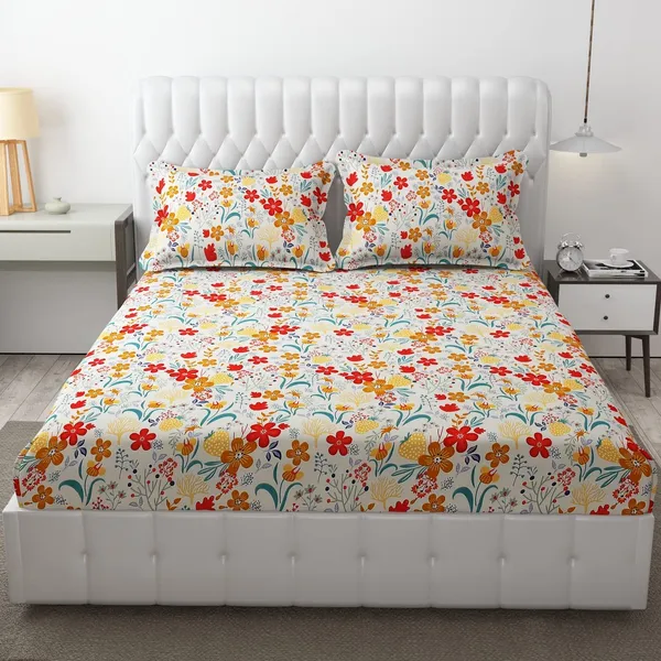 Fitted_Bedsheet_Elastic_Fitted_Bedsheets_with_Cotton_Feel_Premium_Glace_Cotton_King_Bedsheet_for_Double_Bed_Elastic_Fitted_with_2_Pillow_Covers_(_Cream_Flower)_Size_72_x_78_x_8_inch