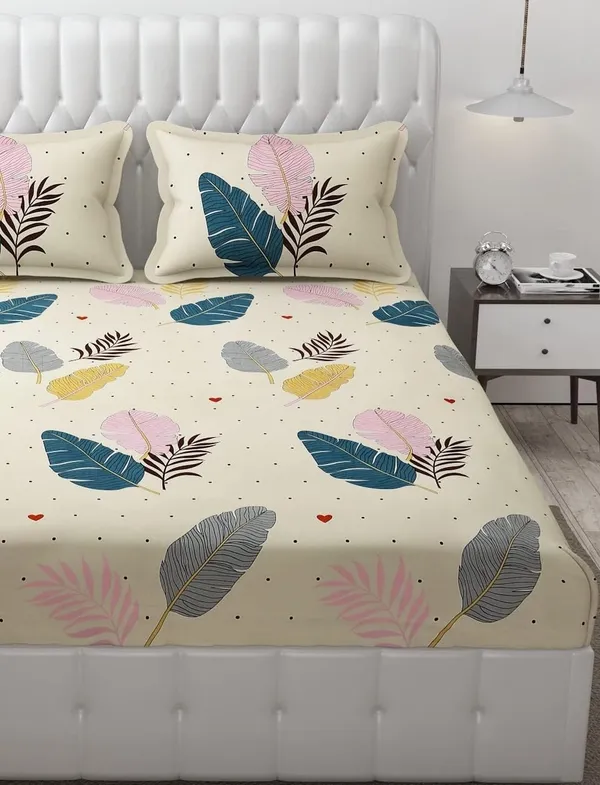 Fitted_Bedsheet_Elastic_Fitted_Bedsheets_with_Cotton_Feel_Premium_Glace_Cotton_King_Bedsheet_for_Double_Bed_Elastic_Fitted_with_2_Pillow_Covers_(Cream_Leaves)_Size_72_x_78_x_8_inch