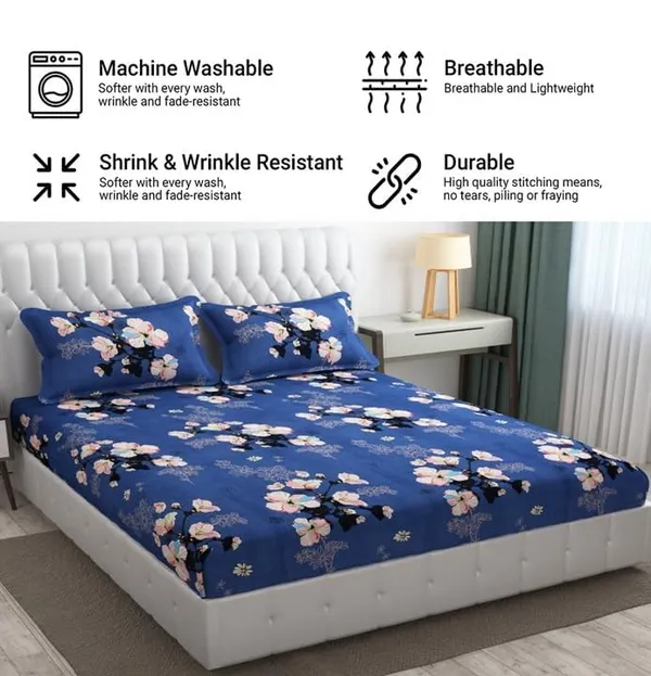 Fitted_Bedsheet_Elastic_Fitted_Bedsheets_with_Cotton_Feel_Premium_Glace_Cotton_Queen_Size_Elastic_Fitted_Bedsheet_with_2_Pillow_Covers_(_Flower)_Size_72_x_60_x_8_inch