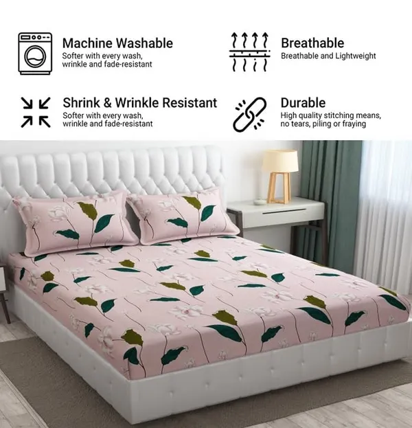 Fitted_Bedsheet_Elastic_Fitted_Bedsheets_with_Cotton_Feel_Premium_Glace_Cotton_Queen_Size_Elastic_Fitted_Bedsheet_with_2_Pillow_Covers_(_Leaves)_Size_72_x_60_x_8_inch