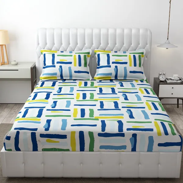 Fitted_Bedsheet_Elastic_Fitted_Bedsheets_with_Cotton_Feel_Premium_Glace_Cotton_Queen_Size_Elastic_Fitted_Bedsheet_with_2_Pillow_Covers_(_Line)_Size_72_x_60_x_8_inch