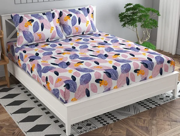 Fitted_Bedsheet_Elastic_Fitted_Bedsheets_with_Cotton_Feel_Premium_Glace_Cotton_Queen_Size_Elastic_Fitted_Bedsheet_with_2_Pillow_Covers_(_Leaves)_Size_72_x_60_x_8_inch