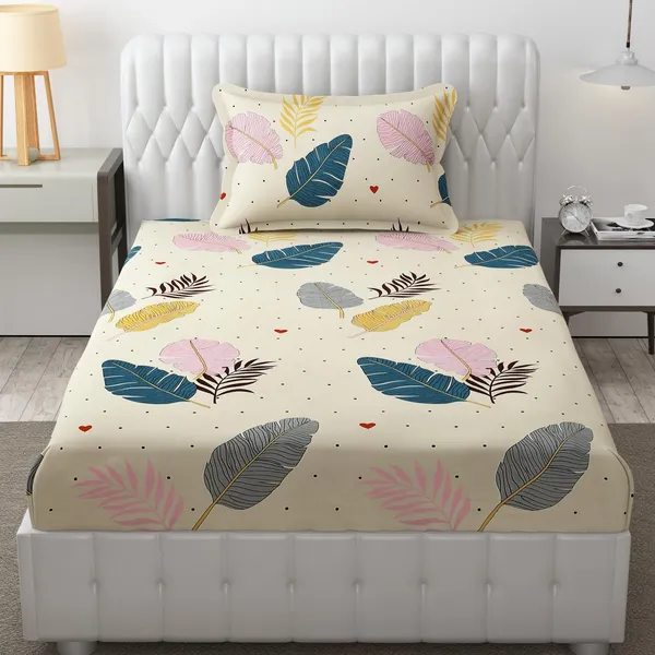 King_Size,_Microfiber_Bed_Sheet_for_Single_Bed,_Floral_Design_Bed_Spread_with_1_Pillow_Covers,_Wrinkle_Free_HypoAllergenic_Bedsheets/Bedcover_(60x90_Cream_Leaves)