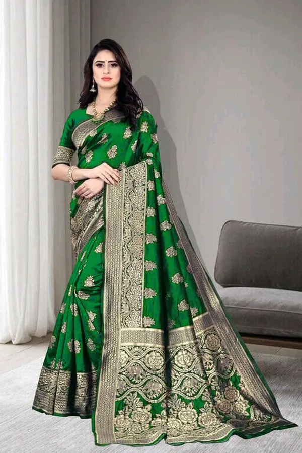 https://cdn-image.blitzshopdeck.in/ShopdeckCatalogue/tr:f-webp,w-600,fo-auto/660fe164464c6ae8e59bf138/media/P_GREEN_Trendy_Jacquard_Woven_Litchi_Silk_Banarasi_Saree_for_Woman_with_Unstitched_Blouse_G2GULSJR6N_2024-05-27_1.jpg__Aara Fashion