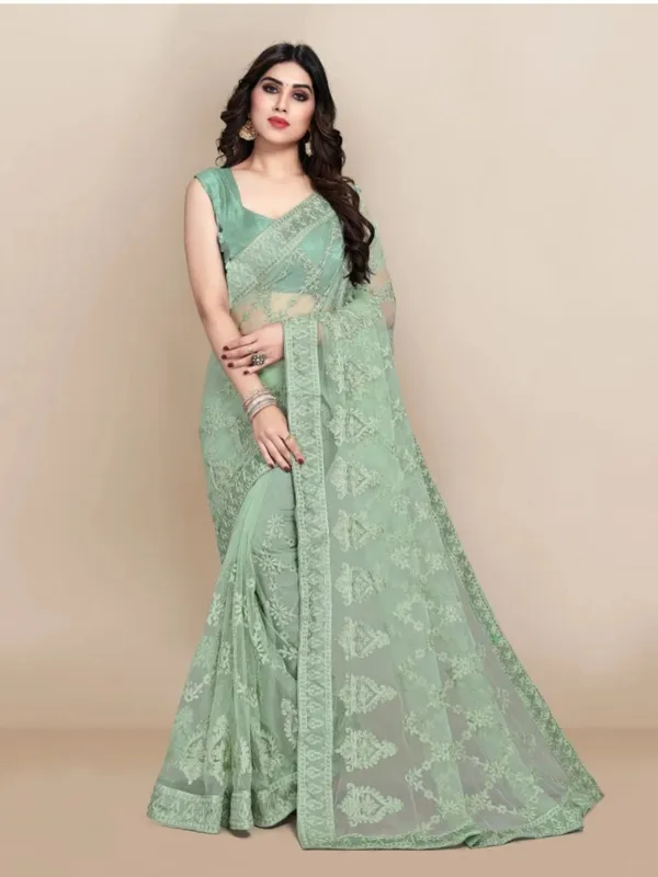 Light_Green_Net_Embroidered_Bhagalpuri_Saree_For_Women
