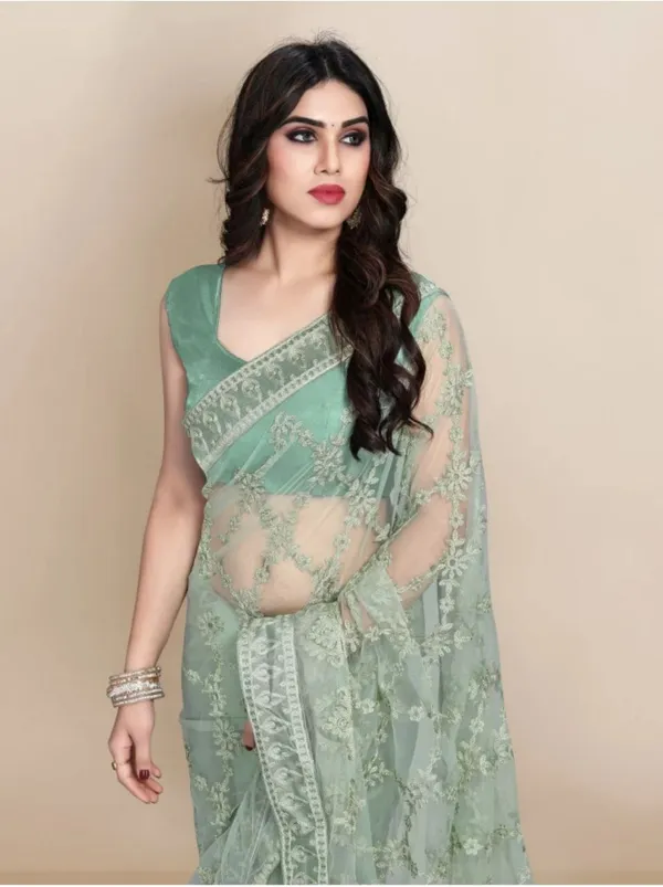 Light_Green_Net_Embroidered_Bhagalpuri_Saree_For_Women
