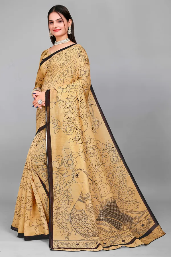 Swapna_Women's_Ajrak_Print_Kalamkari_Chanderi_Silk_Saree_and_Blouse_Fabric_(Beige)