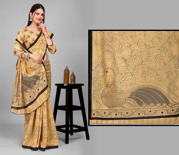 Swapna_Women's_Ajrak_Print_Kalamkari_Chanderi_Silk_Saree_and_Blouse_Fabric_(Beige)