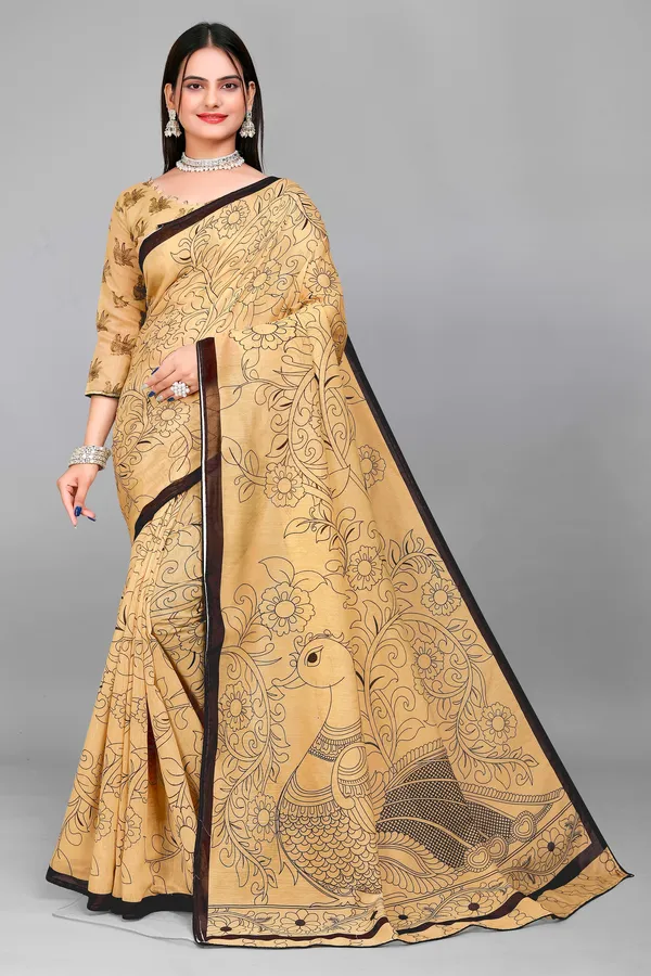 Swapna_Women's_Ajrak_Print_Kalamkari_Chanderi_Silk_Saree_and_Blouse_Fabric_(Beige)
