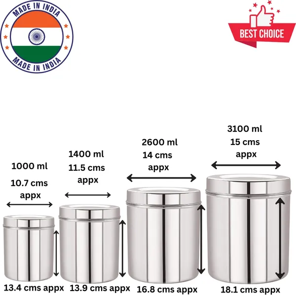 Areva_Stainless_Steel_Vertical_Utility_Canisters/Ubha_Dabba/Storage_Containers_Set_Of_4Pcs,_1000ml,_1400ml,_2600ml,_3100ml